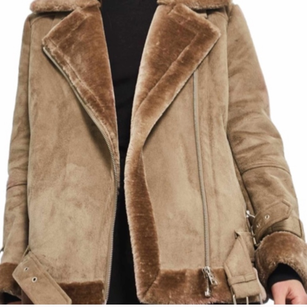 Topshop beige/ tan faux fur moto jacket
